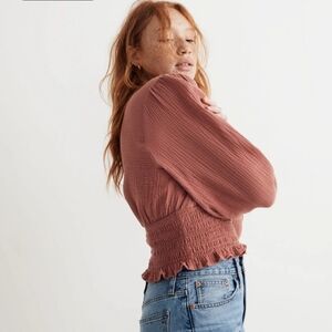 Madewell Lightspun Julianne Smocked-Waist Orange Top Small